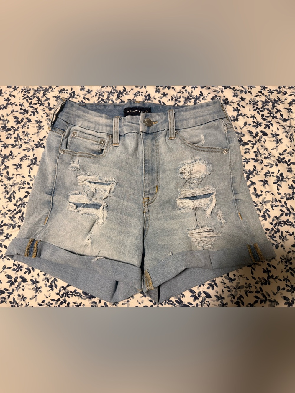 Aeropostale Light Wash Ripped Denim Roll-Hem Shorts